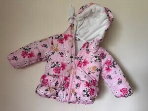 Little Beginnings Floral Hooded Puffer Jacket Bear Ears Pink 12 Months